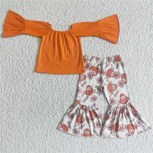 GLP0009 Girls Cow Orange Outfits Long Sleeves Pants